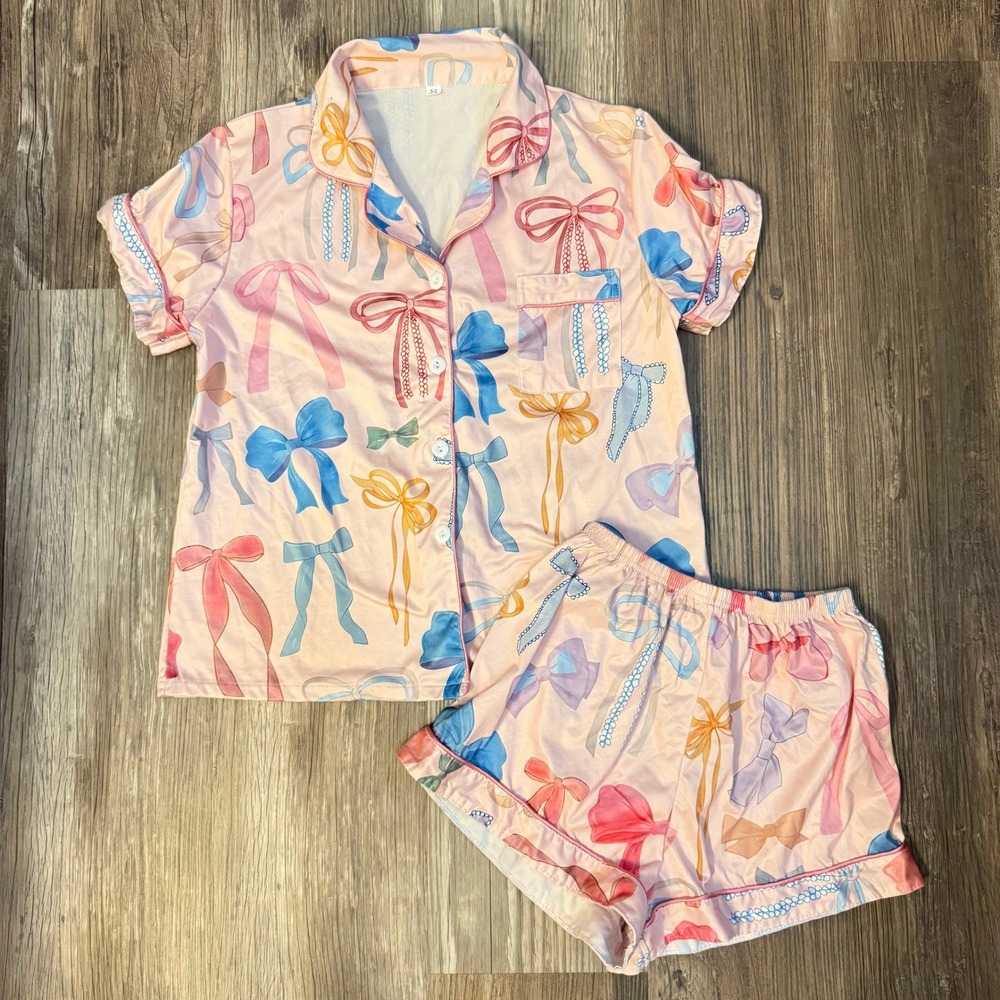 Pink Bow Print Balletcore Girly Pajama Set Short Sleeve Shorts Coquette Kawaii S